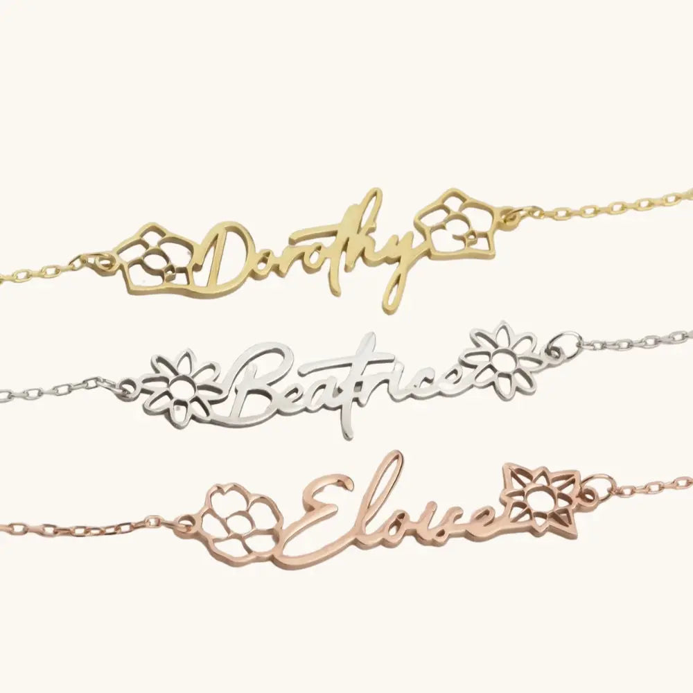 Bracelet prénom et fleur de naissance personnalisé