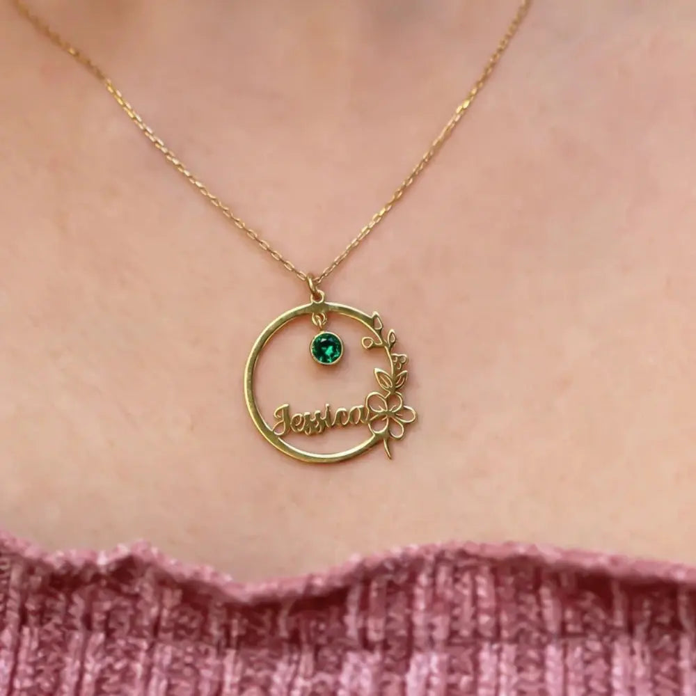 Collier prénom fleur avec pierre de naissance