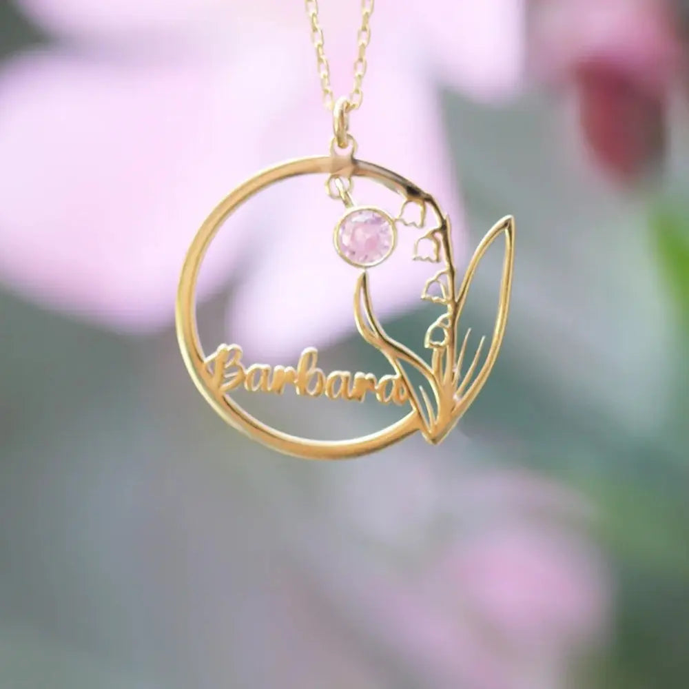 Collier prénom fleur avec pierre de naissance