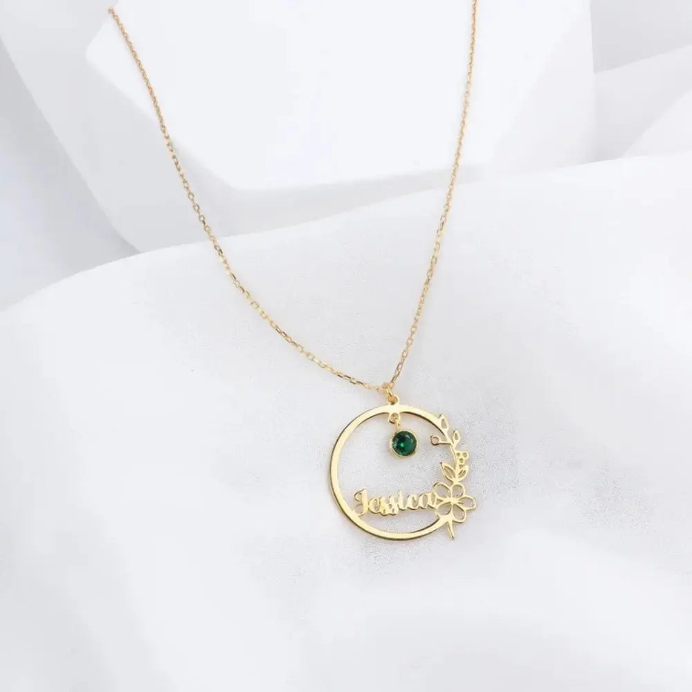Collier prénom fleur avec pierre de naissance