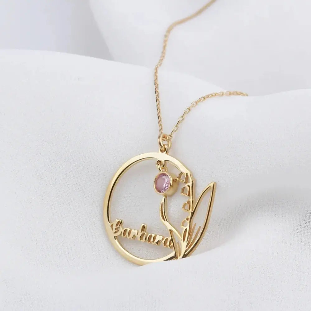 Collier prénom fleur avec pierre de naissance